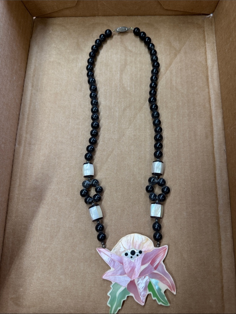 Vintage Pink Floral Mother-of-Pearl like Pendant Necklace w/ Black Beaded Chain